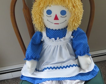 36 inch Large Raggedy Ann Doll Handmade Personalized Custom Doll Blond Hair Blue Eyes Blue Dress