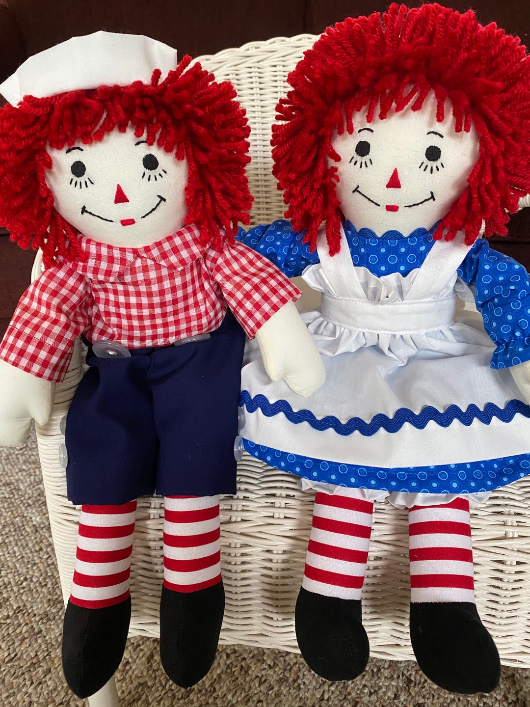 15 Inch Set of 2 Dolls Handmade Raggedy Ann and Andy With Straight Lashes Traditional ...