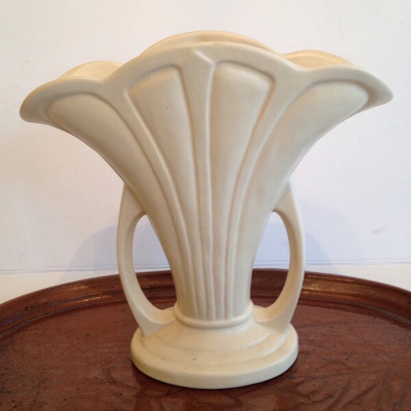 Lovely Vintage USA Pottery Art Deco Style Vase with Flared Shell Design and Handles