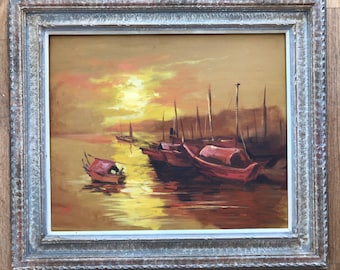 Original Abstract Modern Oil Painting / Nautical Painting of Ships and Boats at Sunset