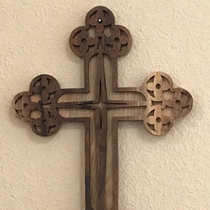 Handmade Wooden Walnut Ball End- Decorative Wooden Cross - Religious Wall Art - Christian Home Decor - Church Art