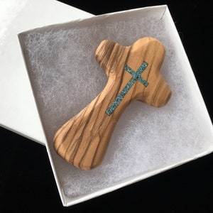 Handmade Olive Wood Comfort Cross: Christian Prayer, Turquoise Inlay