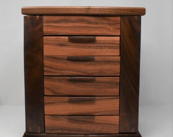 Handmade Rosewood & Walnut Jewelry Box with Secret Drawer