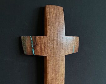 Mesquite wood Cross with Turquoise Inlay 12" high x 6" wide