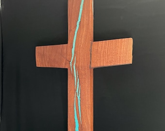 Mesquite wood Cross with Turquoise Inlay 22" high x 11" wide
