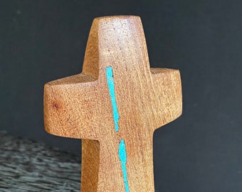 Mesquite wood Cross with Turquoise Inlay 5" high x 3" wide Standing