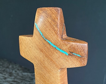 Mesquite wood Cross with Turquoise Inlay 5" high x 3" wide Standing