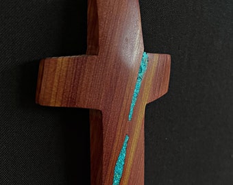 4" high x 2" wide Cedar Wall Cross with Turquoise Inlay