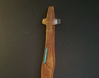 Mesquite wood Cross with Turquoise Inlay 16" high x 2" wide