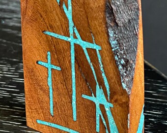 Cross Mesquite wood with turquoise inlay  3" x 2" block of wood.