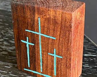 Cross Mesquite wood with turquoise inlay  3" x 2" block of wood.