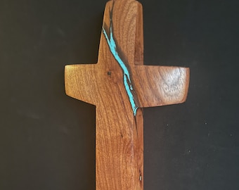 Mesquite wood Cross with Turquoise Inlay 10" high x 4" wide