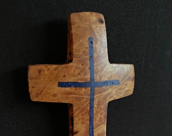 4" high x 2" wide Maple Burl Wall Cross with Blue Lapis Inlay