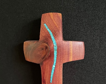 Cruz de pared de cedro de 4" de alto x 2" de ancho con incrustaciones de turquesa