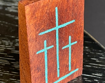 Cross Mesquite wood with turquoise inlay  3" x 2" block of wood.