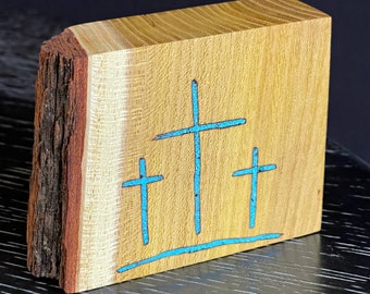 Natural edge Cross Osage Orange wood with turquoise inlay  3" x 3" block of wood.