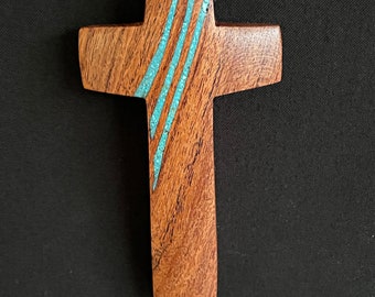 4" high x 2" wide Mesquite Wall Cross with Turquoise Inlay