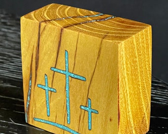 Cross Osage Orange wood with turquoise inlay  2" x 2" block of wood.
