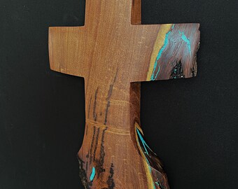 Mesquite wood Cross with Turquoise Inlay 16" high x 8" wide