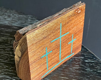 Natural edge Cross Mesquite wood with turquoise inlay  3" x 4" block of wood.