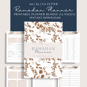 Puede incluir: Un paquete de planificadores de Ramadán imprimibles con 11 páginas. La portada presenta un fondo blanco con un patrón floral marrón y el texto "Ramadán Planner" en un cuadro marrón. El texto "Bismillah" está por encima del título y el texto "Que este sea nuestro mejor Ramadán" está por debajo del título.