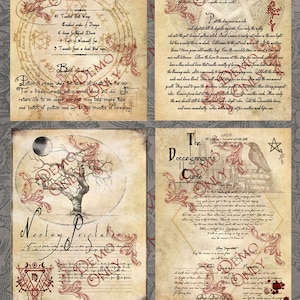 May include: A vintage-style book of shadows with four pages featuring illustrations and text. The pages are titled "Life From Death", "Talis Elixir", "Nocturnal Prison", and "The Doppelganger's Curse". The book is labeled "Book of Shadows: Left handed or Dark Magick page set 2" and "The Cackling Cauldron Est. 1326".