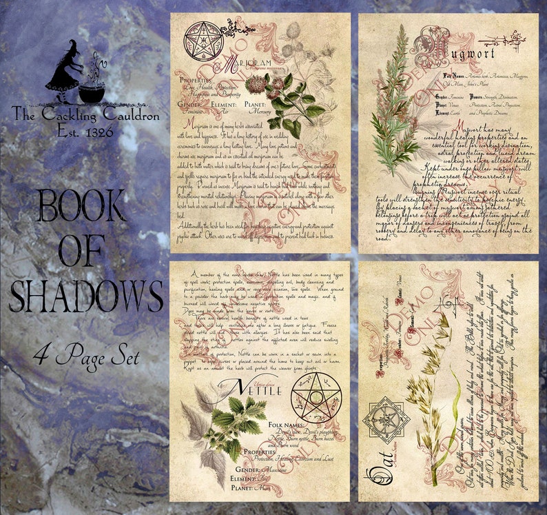 Spell Grimoire Practical Magic; The Cackling Cauldron BOS 4 page set #17 Herbs and Book of Shadows Pages