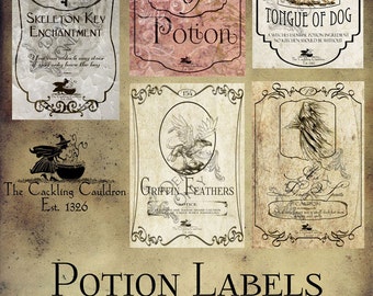 The Cackling Cauldron Original labels ~ 5 original, unique Magic Potion and Apothecary labels.