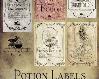 Puede incluir: Cinco etiquetas de estilo vintage para botellas de pociones con ilustraciones y texto. Las etiquetas están impresas en un fondo de papel texturizado. Las etiquetas incluyen: Skeleton Key Enchantment, Love Potion, Tongue of Dog, Griffin Feathers y Deadly Spirits.