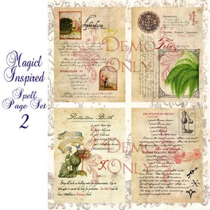 May include: A vintage style printable spell page set with a magical theme. The pages feature illustrations of plants, herbs, and potions with handwritten text describing their properties and uses. The text includes the words "Aphrodisia", "Protection Bath", "Protection Brew", and "Emmass Healing Brew".