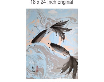 Sumi-e painting original 18x24" Zen Fish suminagashi / ink flow fish paintin/ Chinese painting/Japanese painting/meditation art/ meditative