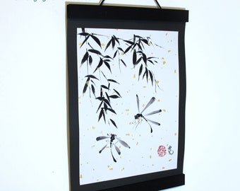 Ready to hang original ink painting with hanging wood frame included - Dance of the dragonflies/zen painting- original sumi-e, not a print