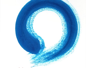 Blue Enso Zen Circle painting original/handpainted blue in circle with choice of red seal to be stamped on/meditation art/mindfulness