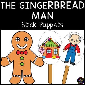 Puede incluir: Imagen de un títere de palo de hombre de jengibre con pajarita roja, y dos títeres de palo más: una casa de jengibre y un anciano con peto. El texto en la parte superior dice "THE GINGERBREAD MAN Stick Puppets."
