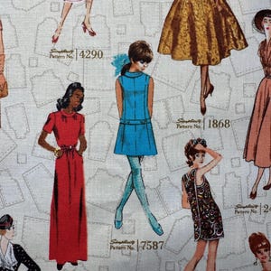May include: Fabric featuring vintage fashion illustrations of dresses and figures in various styles. The fabric has a light background with dress pattern outlines. Includes pattern numbers 4290, 1868, 7587, 4506, and 285.