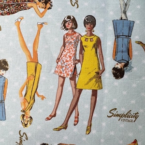 May include: Light blue fabric with a repeating pattern of vintage fashion illustrations. The illustrations depict women in dresses, with the text "Simplicity Vintage" scattered across the background. The dresses are in various colors.
