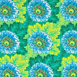 May include: A repeating pattern of blue flowers with white edges and yellow centers on a green background.