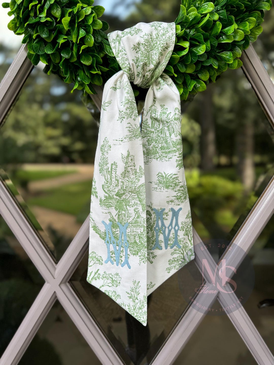 Personalized Wreath Sash , Green Toile Fabric