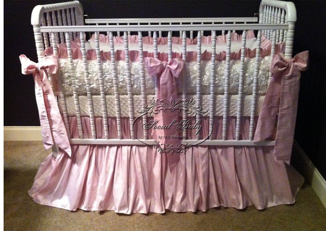 3 Piece Crib bedding in pink faux silk with ivory rosette Etsy