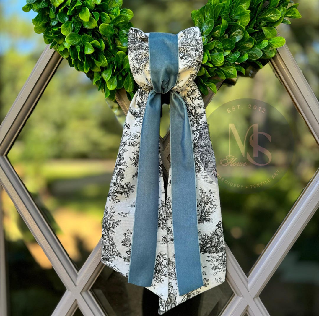 Fall Wreath Sash - Black and White Toile With French Blue Velvet Ribbon ...