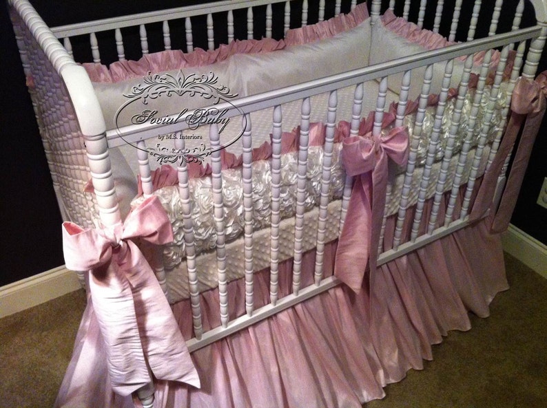 3 Piece Crib bedding in pink faux silk with ivory rosette Etsy