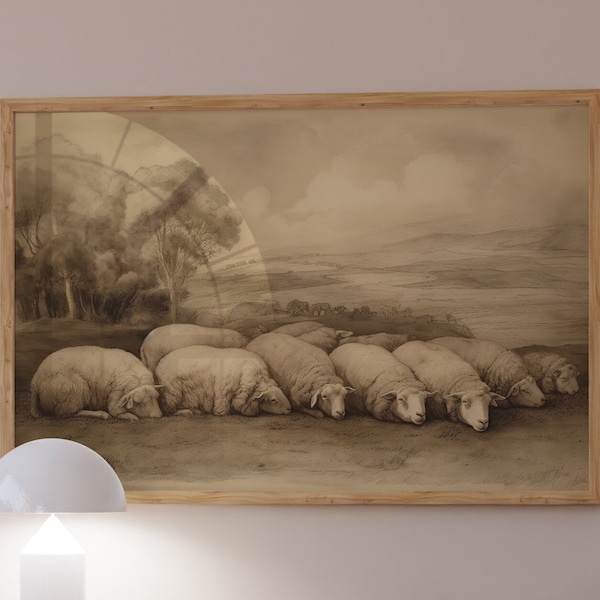 Rêves de moutons confortables : dessin sépia de mouton endormi, décoration murale rustique, parfait pour ajouter un charme campagnard confortable à votre maison