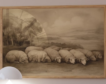 Gemütliche Schaf-Träume: Sepiafarbene Zeichnung von schlafenden Schafen, rustikale Wanddekoration, perfekt, um Ihrem Zuhause einen gemütlichen ländlichen Charme zu verleihen