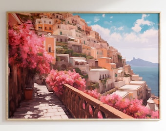 ポジターノ アマルフィ海岸 ブーゲンビリア 水彩画 デジタルダウンロード 海岸沿いのイタリアの風景 36x24 デジタルプリント ピンクの壁アート