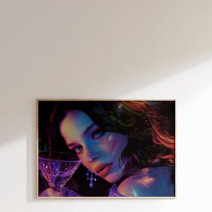 Neonowa sztuka fantasy | Eteryczna kobieta wydruk cyfrowy | Kosmiczna estetyczna sztuka ścienna | Cyberpunk Dreamscape | Pobieranie cyfrowe w wysokiej rozdzielczości 36x24