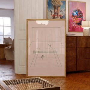 Różowy plakat tenisowy: estetyczny wydruk artystyczny w stylu vintage do dekoracji akademika i mieszkania - dziewczęca sztuka ścienna, natychmiastowe pobranie, oryginalny design Preppy