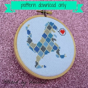 Geometric Dinosaur in Love counted cross stitch pattern, T rex with blue and grey hexagon print
