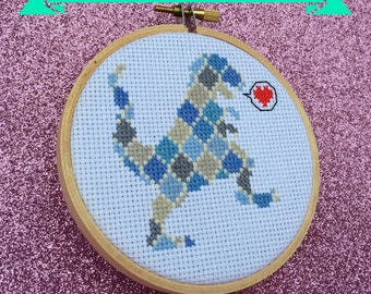 Geometric Dinosaur in Love counted cross stitch pattern, T rex with blue and grey hexagon print