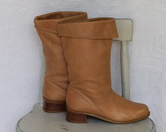 Caramel Leather 'Markon' Mid Calf Boots / Slouch Boots with Fold Over Top and Stacked Heel - Women's 8