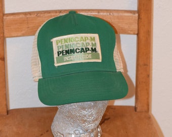 Vintage Bright Kelley Green and White 'Penncap-M Insecticide' Snap Back Trucker Farmer Hat / Cap / Festival Hat / John Deer Hat / Cap